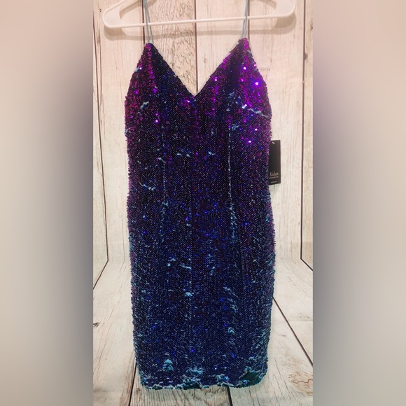 NWT!!! Aidan Mattox Teal/Purple FlipSequin Cocktail Spagh Strap Dress Sz 2 - Picture 2 of 14